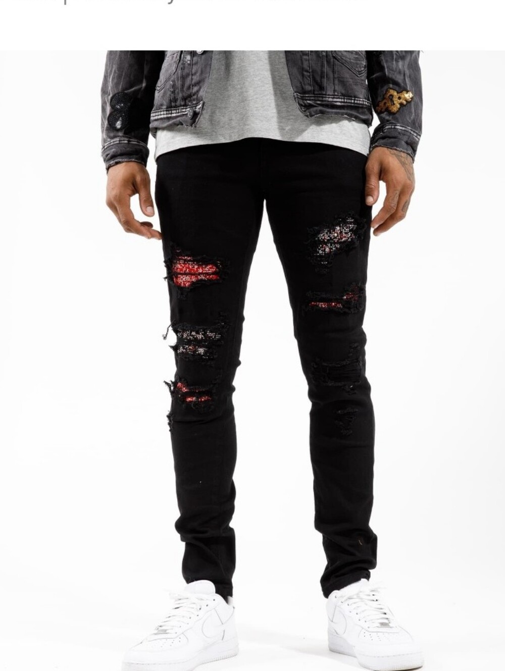Cote De Nuits Men's Black And Red Bandana Crystal Ripped  Jeans 40w x 34L